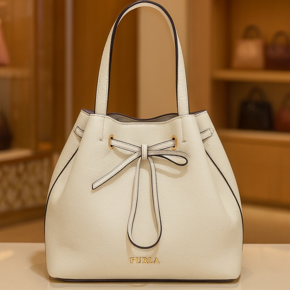 FURLA Costanza White Pebbled Leather LARGE Bucket Drawstring Tote/Shoulder Bag